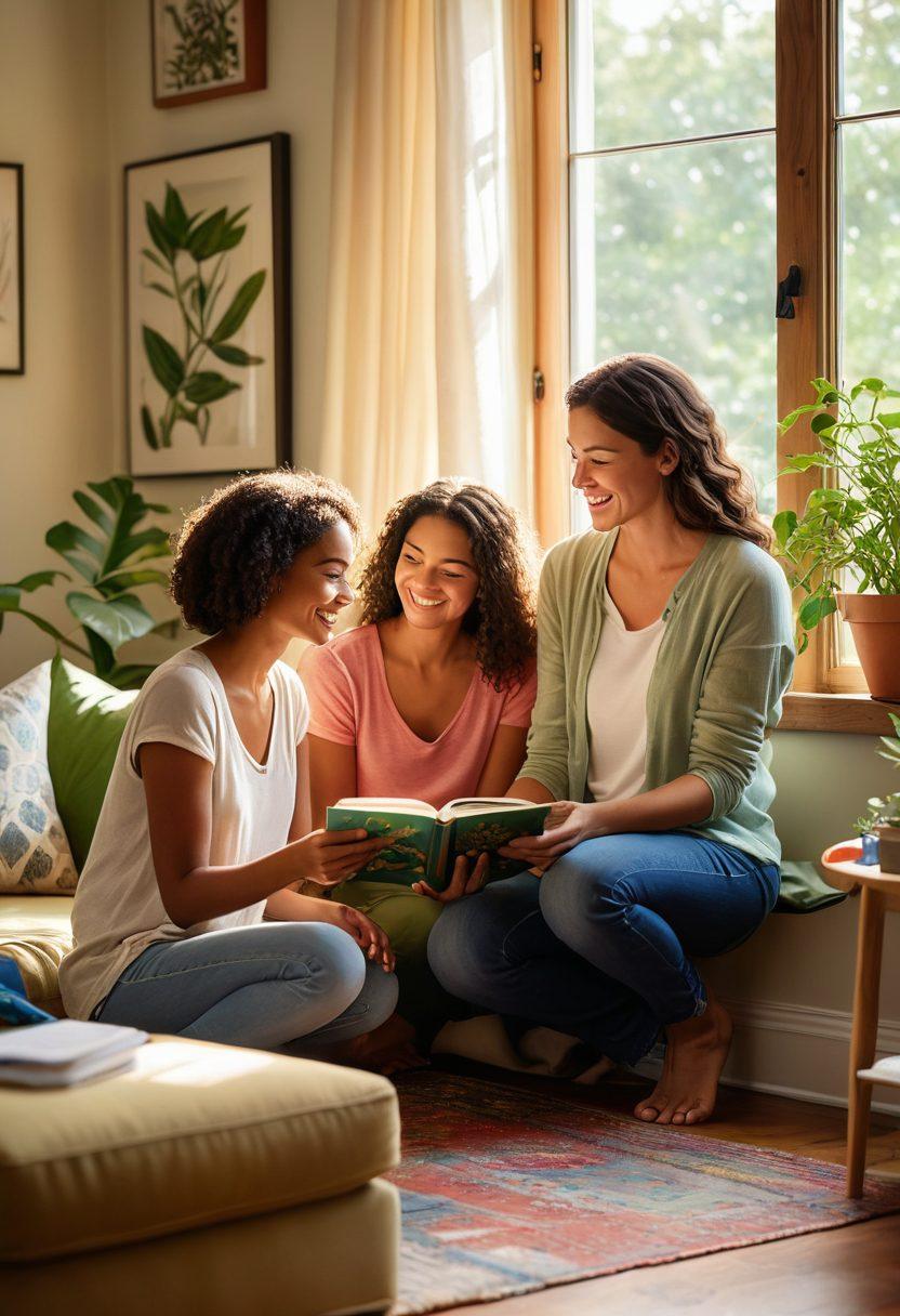 A serene family scene in a bright, cozy living room, featuring a diverse family engaging in playful activities together, surrounded by nurturing symbols like plants, books, and art supplies. Soft sunlight streaming through a window enhances the warm atmosphere, highlighting their joyful expressions as they connect and grow together. super-realistic. vibrant colors. natural lighting.