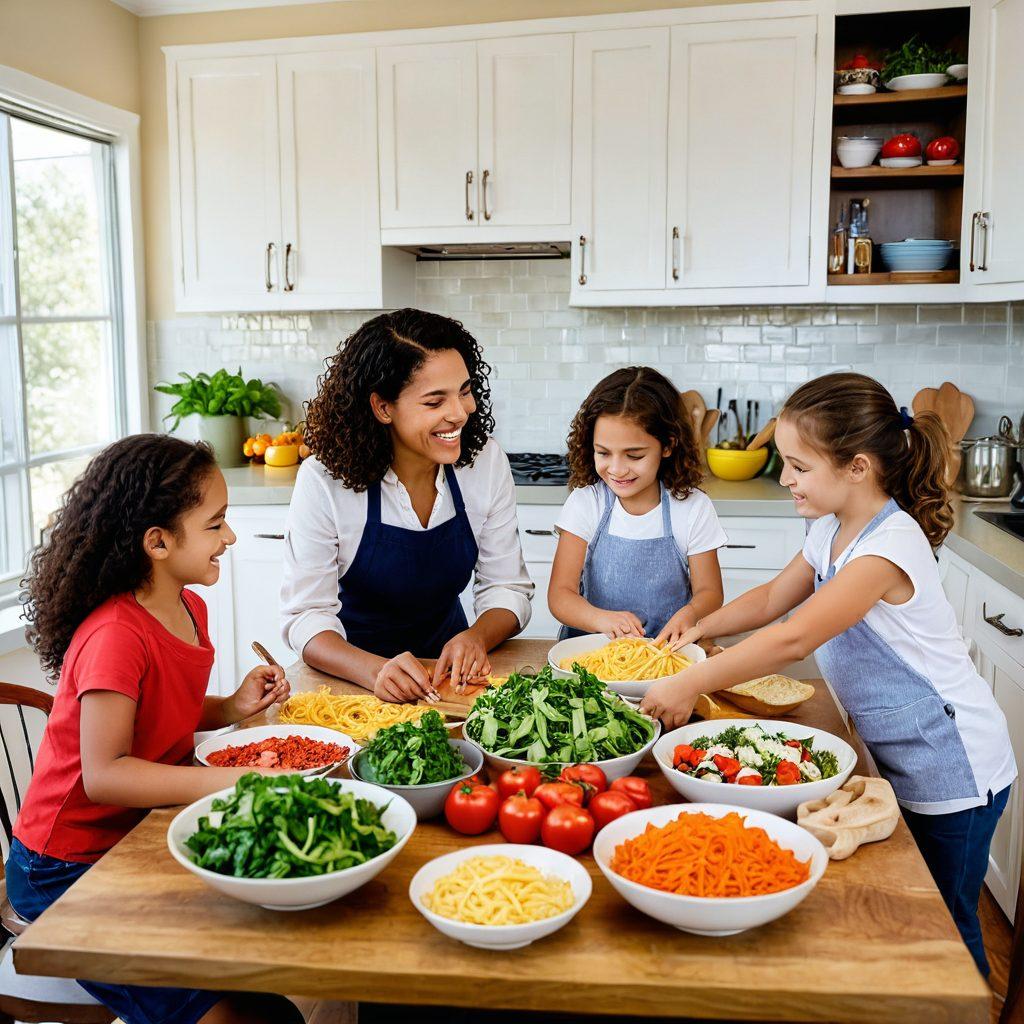 A warm and inviting kitchen scene featuring a cheerful Mamasita cooking with her children. Fresh ingredients like vegetables and spices are scattered on the counter, with vivid colors showcasing homemade dishes like pasta and salad. Include family members sharing laughter and enjoying the process, creating a cozy atmosphere. The background should hint at a family dining space, emphasizing togetherness and joy in cooking. vibrant colors. super-realistic.